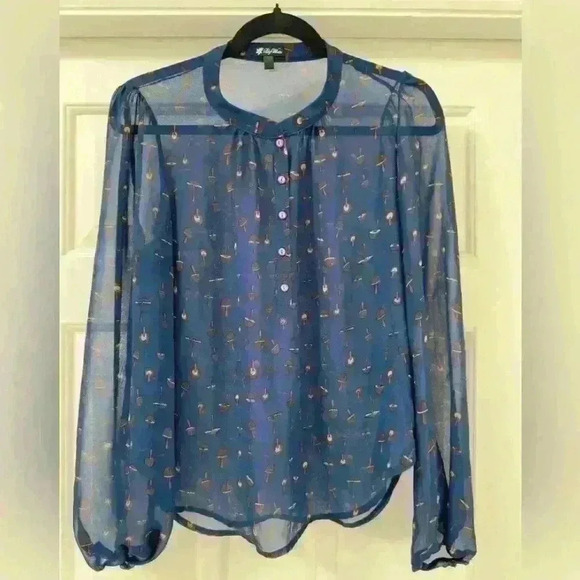 Lily‎ White sheer blue long sleeve half button down mushroom blouse size small - Picture 1 of 7